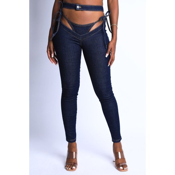 Women's Self Belted Bikini Cutout Sexy Denim Pants S M L Denim Indigo White - Picture 10 of 10